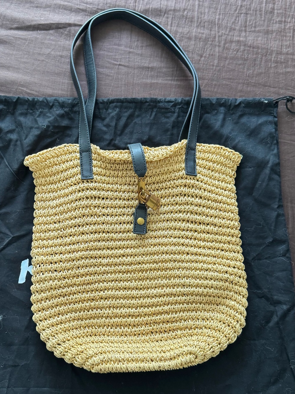 Kurt Geiger Yellow Woven Tote with Black Handles
